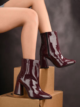 ADORLY - MISEEN Women Burgundy Mid Top Pointed Toe Block-Heel Casual Boots