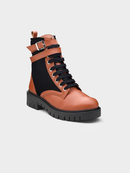 ADORLY - Women Tan Colourblocked Block Heel Lace Up Casual Boots