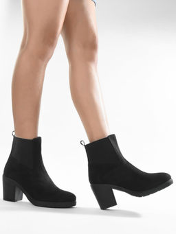 ADORLY - Women Black Mid Top Suede Block Heel Chelsea Boots