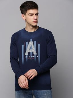 SHOWOFF - Mens Round Neck Printed Navy Blue Pullover Sweatshirt