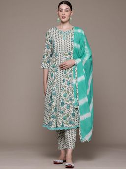 Readiprint - Cotton Fabric Sea Green Anarkali Kurta with Pant and Dupatta (Set of 3)