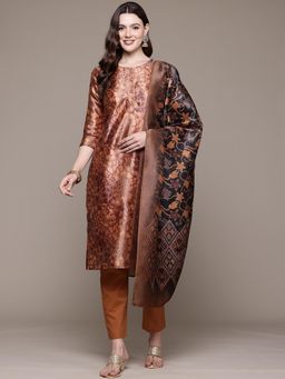 Readiprint - Straight Style Silk Fabric Rust Kurta with Pant and Dupatta (Set of 3)