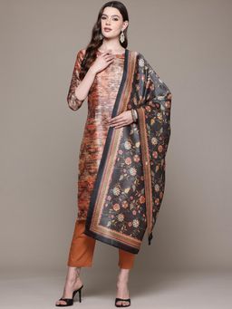 Readiprint - Straight Style Silk Fabric Brown Kurta with Pant and Dupatta (Set of 3)