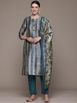 Readiprint - Straight Style Silk Fabric Teal Kurta with Pant and Dupatta (Set of 3)