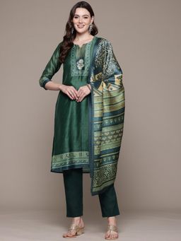 Readiprint - Straight Style Silk Fabric Green Kurta with Pant and Dupatta (Set of 3)