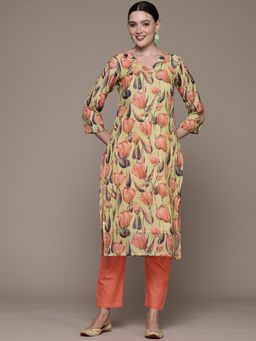 Readiprint - Straight Style Linen Fabric Green Kurta with Pant (Set of 2)