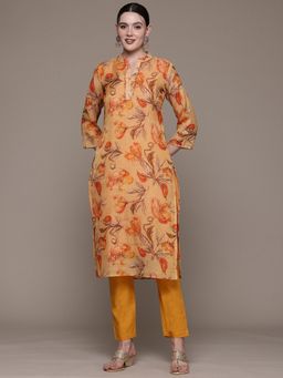 Readiprint - Straight Style Linen Fabric Orange Kurta with Pant (Set of 2)