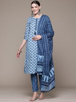 Readiprint - Straight Cotton Fabric Navy Blue Kurta with Pant and Dupatta (Set of 3)