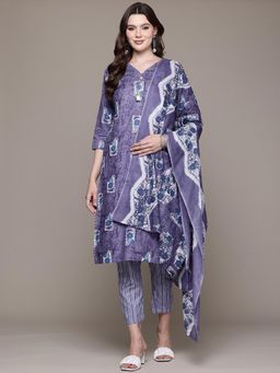 Readiprint - Straight Style Cotton Fabric Purple Kurta with Pant and Dupatta (Set of 3)
