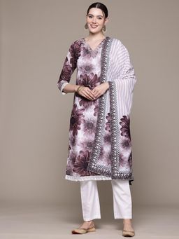 Readiprint - Straight Style Linen Fabric Purple Kurta with Pant and Dupatta (Set of 3)
