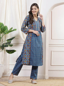 Nayam by lakshita - Women Blue Printed Embroidery Kurta with Pant (Set of 2)