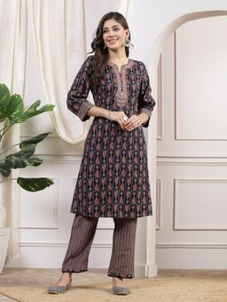Nayam by lakshita - Women Navy Blue Printed Embroidery Kurta with Pant (Set of 2)