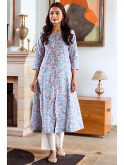 Nehamta - Womens Sky Blue Cotton Flex Floral Kurta with Pant (Set of 2)