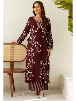 Nehamta - Womens Maroon German Rayon Floral Kurta with Palazzo (Set of 2)
