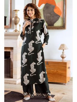 Nehamta - Womens Dark Green German Rayon Animal Kurta and Palazzo (Set of 2)