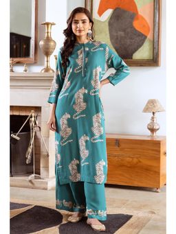 Nehamta - Womens Blue German Rayon Animal Kurta and Palazzo (Set of 2)