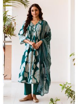 Nehamta - Womens Green Cotton Floral Anarkali Kurta, Pant and Dupatta (Set of 3)