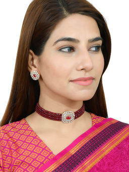 Silvermerc Designs - Gold Plated Maroon & White Cz Studded Choker Jewelry Set ( Set of 2)