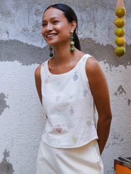 Okhai - Peach Fizz Suf Embroidered Pure Cotton Off White Top