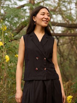 Okhai - Nightshade Hand-Embroidered Black Pure Cotton Waist Coat Top