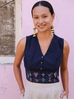 Okhai - Grape Splash Rabari Embroidery Mirror Work Pure Cotton Blue Crop Top