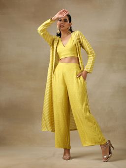 trueBrowns - Lime Green Bandhani Printed Silk Overlay Jacket Blouse Pant (Set of 3)