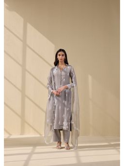MEESA - Grey Embroidered Organza Kurta with Pant and Dupatta
