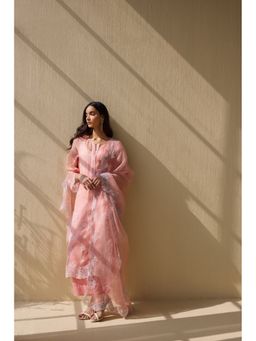 MEESA - Pink Embroidered Organza Kurta with Pant and Dupatta