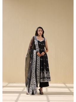 MEESA - Black Embroidered Organza Kurta with Pant and Dupatta