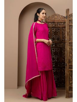Monika Mathuria Datta - Boat Neck Georgette Embroidered Pink Kurta with Sharara and Dupatta