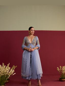 MEESA - Blue Hand Embroidered Anarkali Kurta with Pant and Dupatta