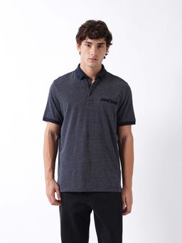 The Bear House - Navy Blue Cotton Collar Neck Half Sleeves Printed Polo T-Shirt