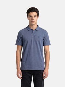 The Bear House - Blue Cotton Collar Neck Half Sleeves Solid Polo T-Shirt
