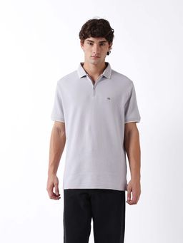 The Bear House - Grey Cotton Collar Neck Half Sleeves Textured Polo T-Shirt