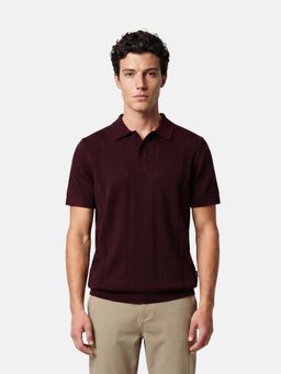 The Bear House - Maroon Cotton Collar Neck Half Sleeves Textured Polo T-Shirt