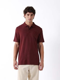 The Bear House - Maroon Cotton Collar Neck Half Sleeves Solid Polo T-Shirt