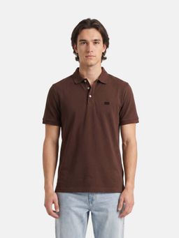 The Bear House - Brown Cotton Collar Neck Half Sleeves Solid Polo T-Shirt