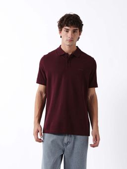 The Bear House - Burgundy Cotton Collar Neck Half Sleeves Solid Polo T-Shirt