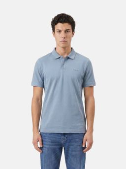 The Bear House - Blue Cotton Collar Neck Half Sleeves Solid Polo T-Shirt