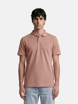 The Bear House - Peach Cotton Collar Neck Half Sleeves Solid Polo T-Shirt