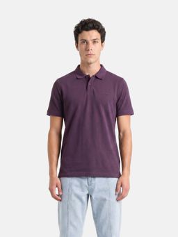 The Bear House - Purple Cotton Collar Neck Half Sleeves Solid Polo T-Shirt