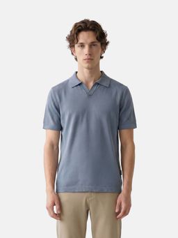 The Bear House - Blue Cotton Collar Neck Half Sleeves Solid Polo T-Shirt