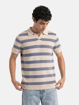The Bear House - Beige Cotton Collar Neck Half Sleeves Stripes Polo T-Shirt