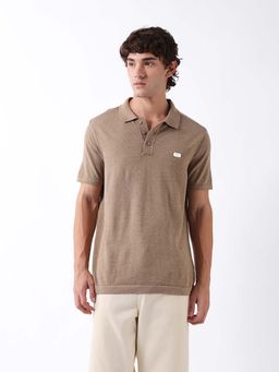 The Bear House - Beige Cotton Collar Neck Half Sleeves Solid Polo T-Shirt