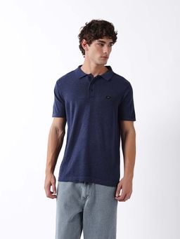 The Bear House - Blue Cotton Collar Neck Half Sleeves Solid Polo T-Shirt