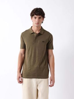 The Bear House - Olive Cotton Collar Neck Half Sleeves Solid Polo T-Shirt