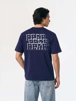 The Bear House - Blue Cotton Crew Neck Half Sleeves Typography T-Shirt