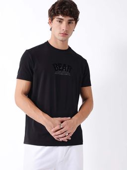 The Bear House - Black Cotton Crew Neck Half Sleeves Typography T-Shirt