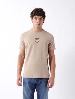 The Bear House - Beige Cotton Crew Neck Half Sleeves Embroidered T-Shirt