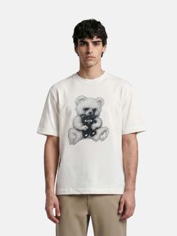 The Bear House - White Cotton Crew Neck Half Sleeves Printed T-Shirt